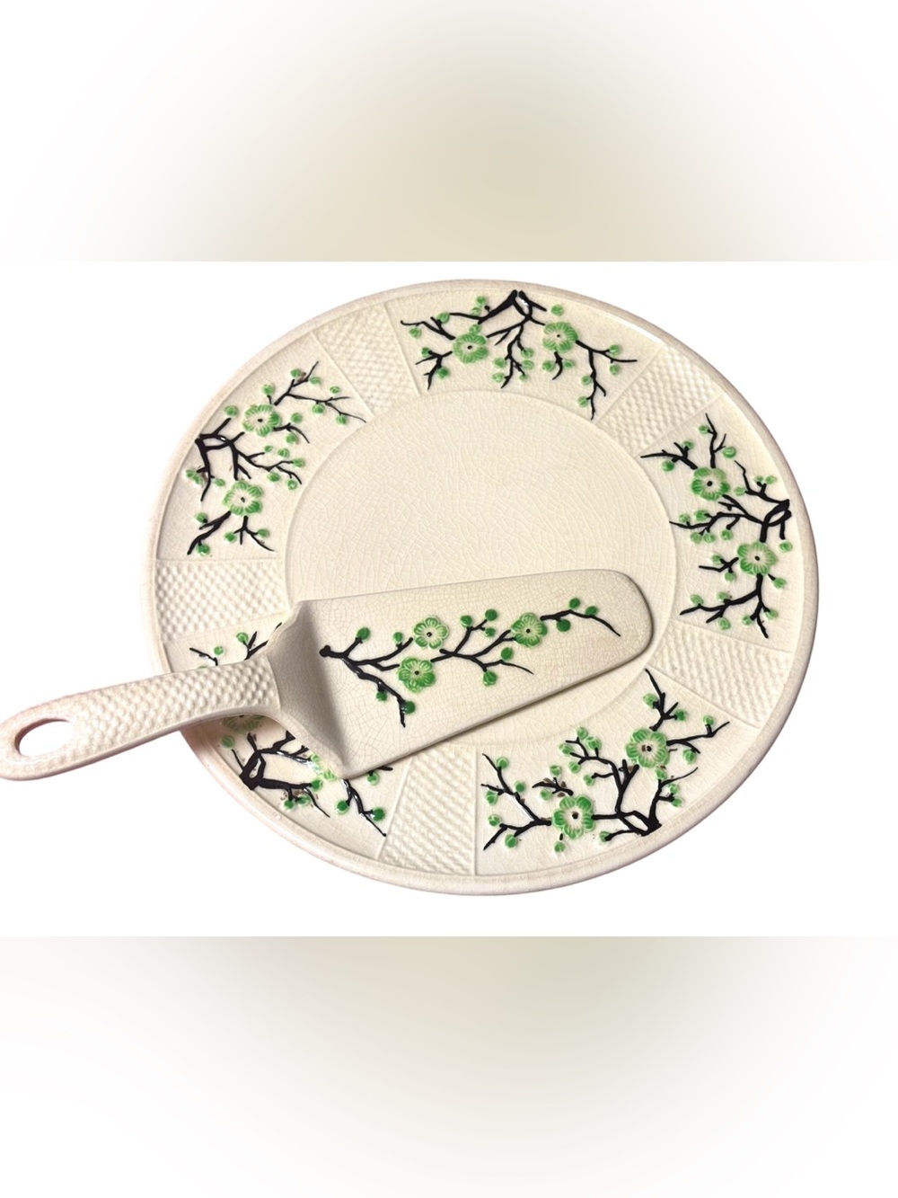 Moriyama Pottery Japan 1920’s Ming Green Cherry Blossom Cake Plate w/Server Set